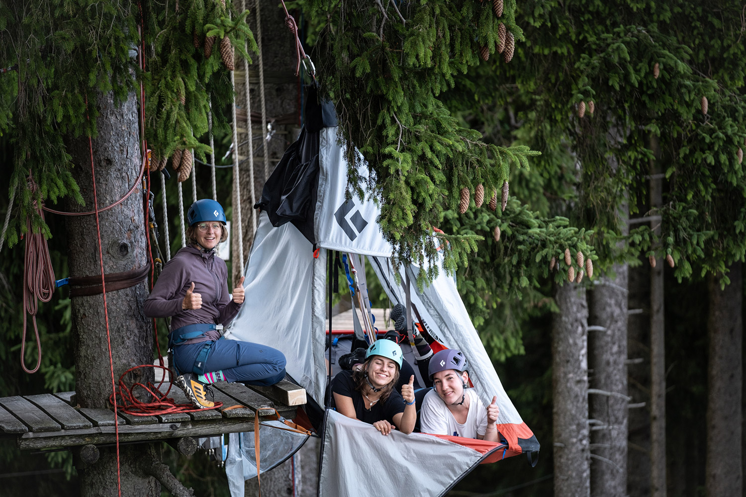Bild Drei Frauen richten eine am Baum hängende Portaledge ein.