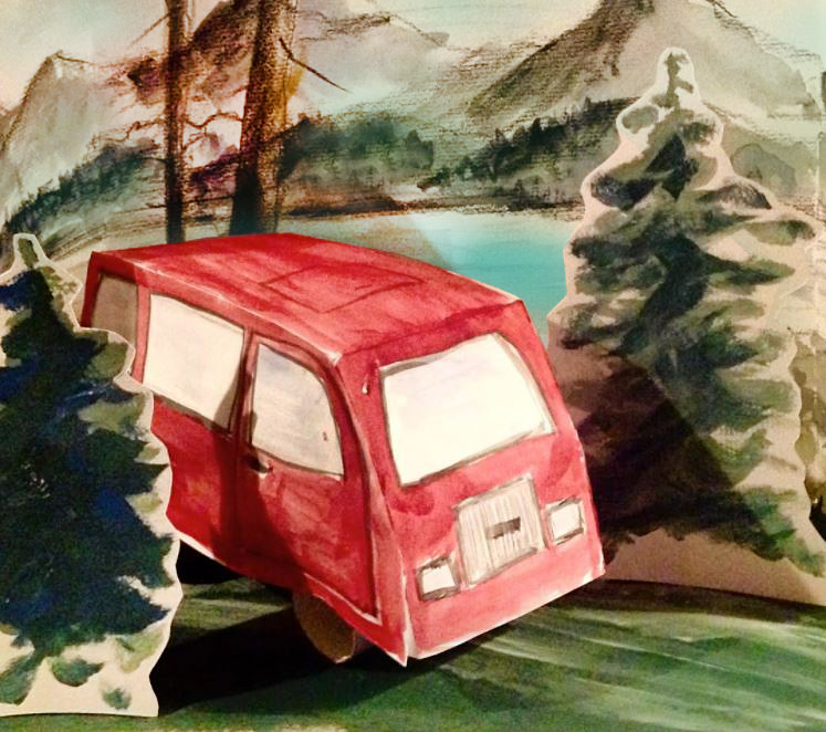 Bild Papiermodell von einem Camper-Van am Bergsee 