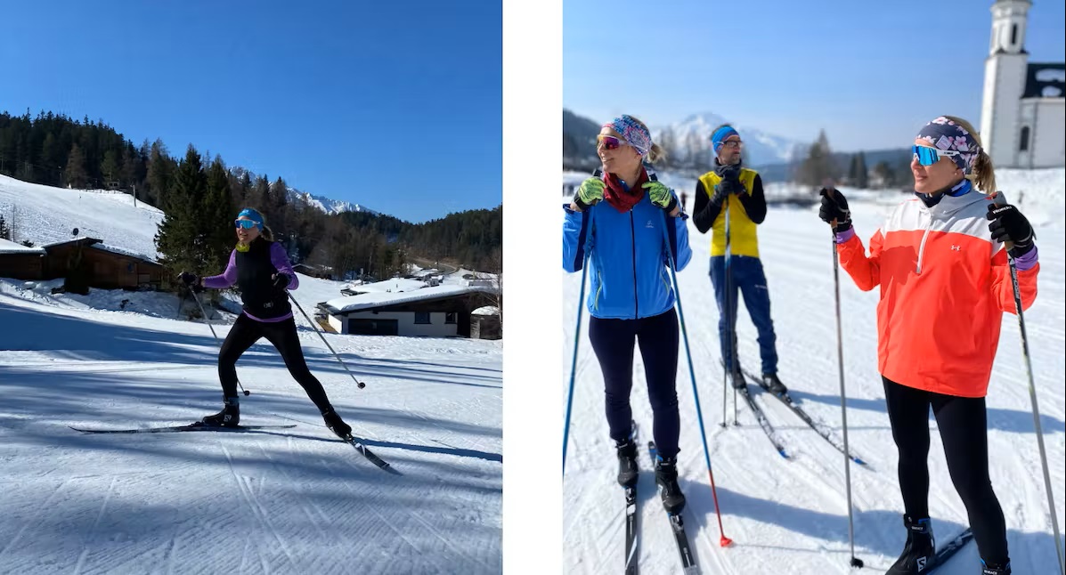 Bild Eine Sportlerin auf der Loipe und drei Sportler machen eine Pause