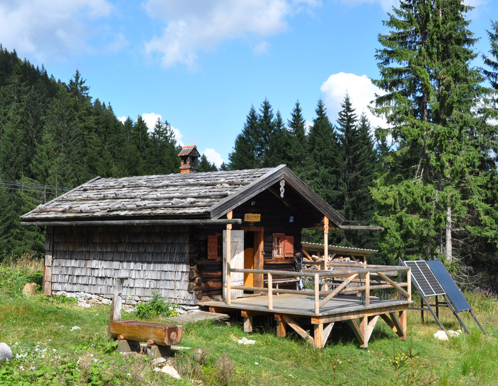 Bild Berghuette auf einer sonnigen Almwiese am Waldrand.