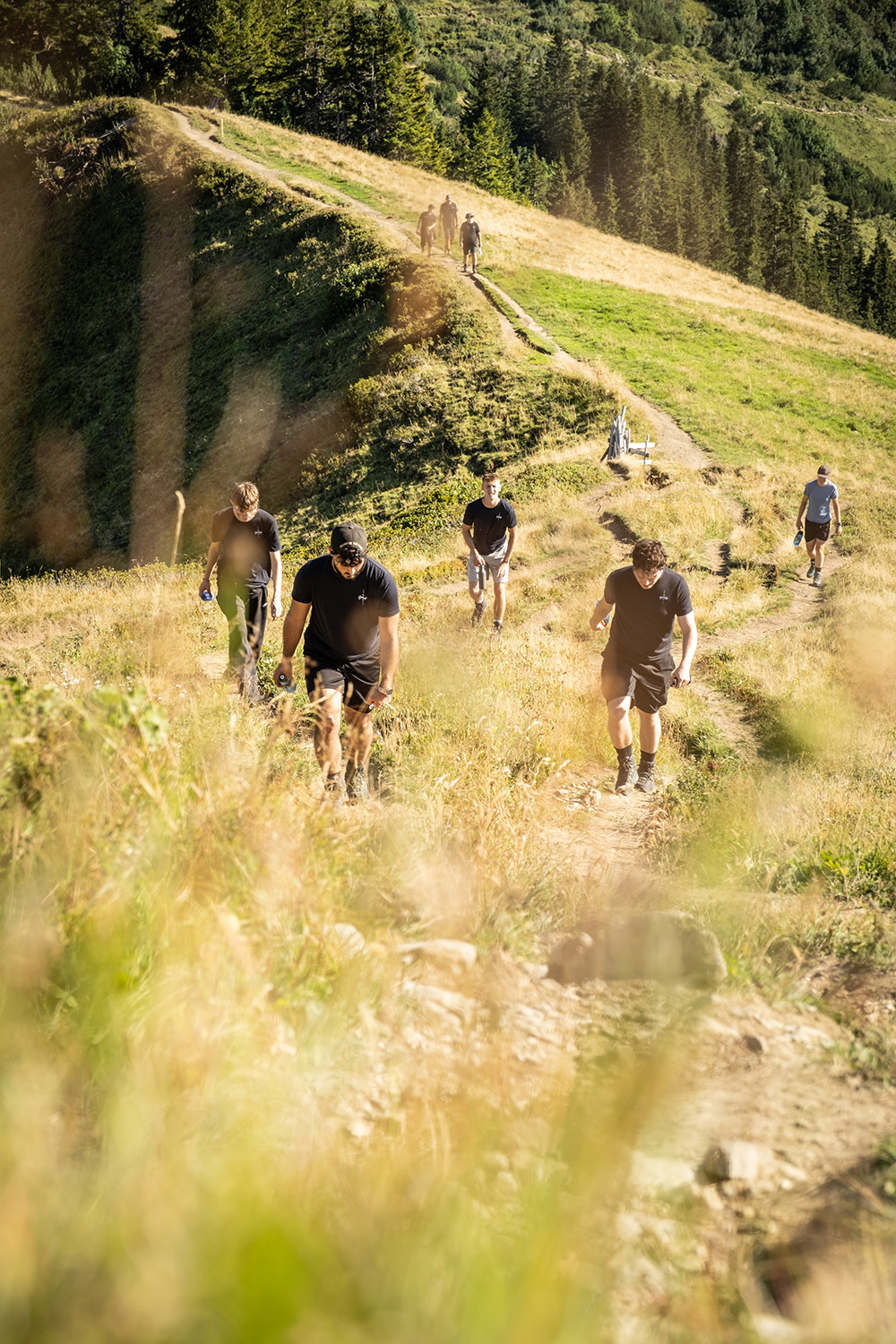 Bild Wanderer im Aufstieg auf einem grasbewachsenen, herbstlichen Bergkamm.