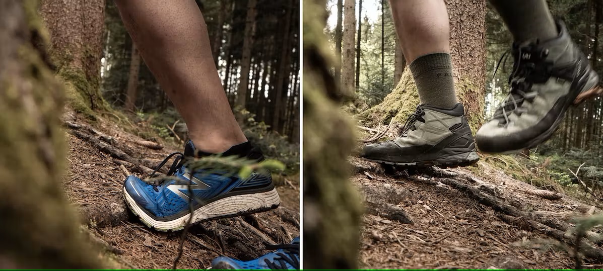 Bild Zwei Schuhe: der eine Schuh biegt, der andere geht einfach entspannt drüber
