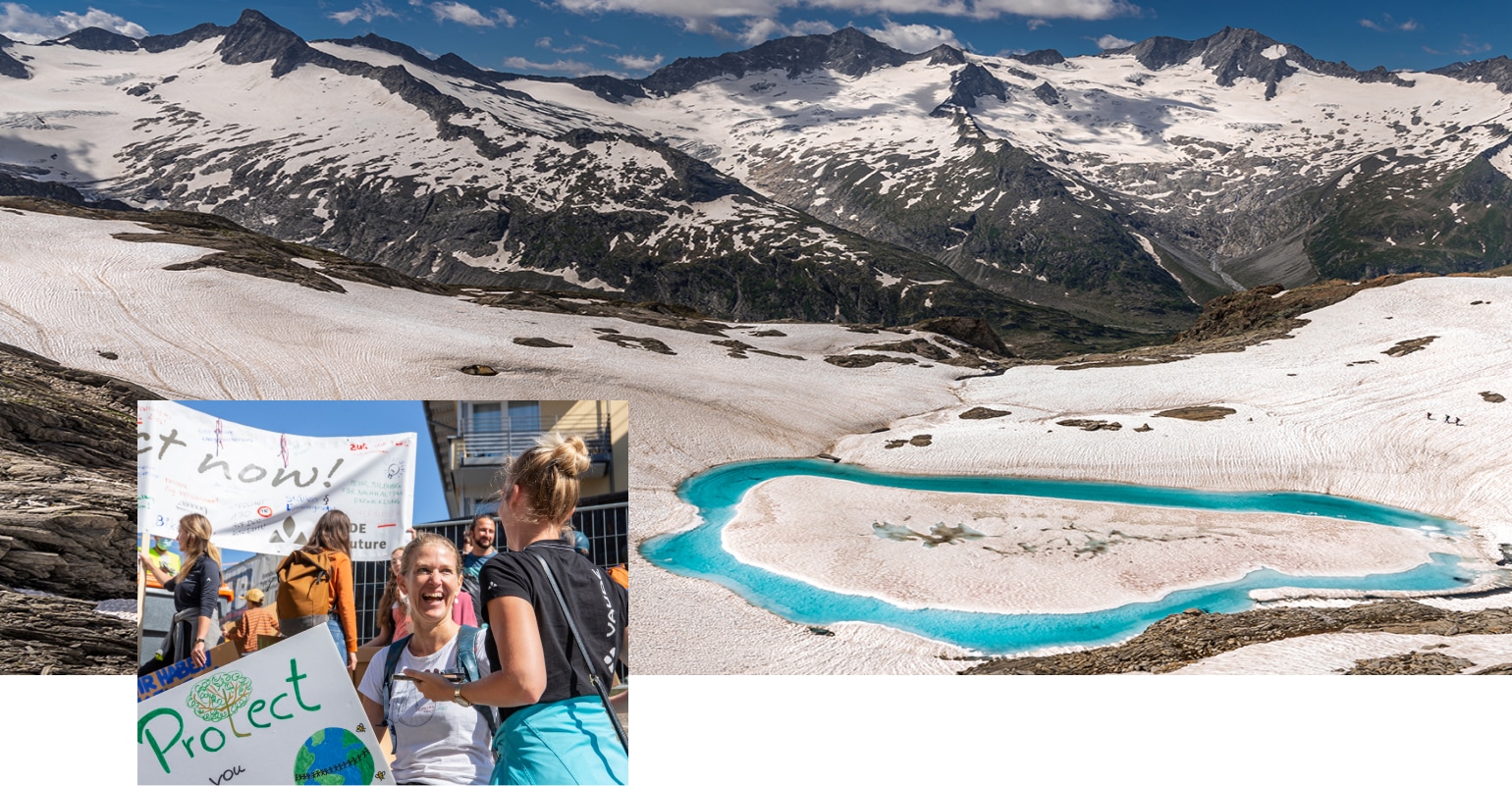 Gletscherlandschaft und Klimaaktivisten