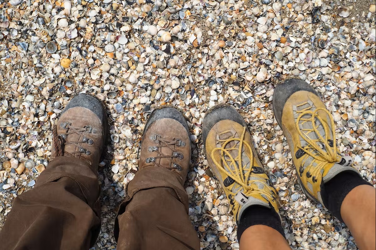 Bild 2 Leute stehen mit Wanderschuhen am Strand voller Muschel 