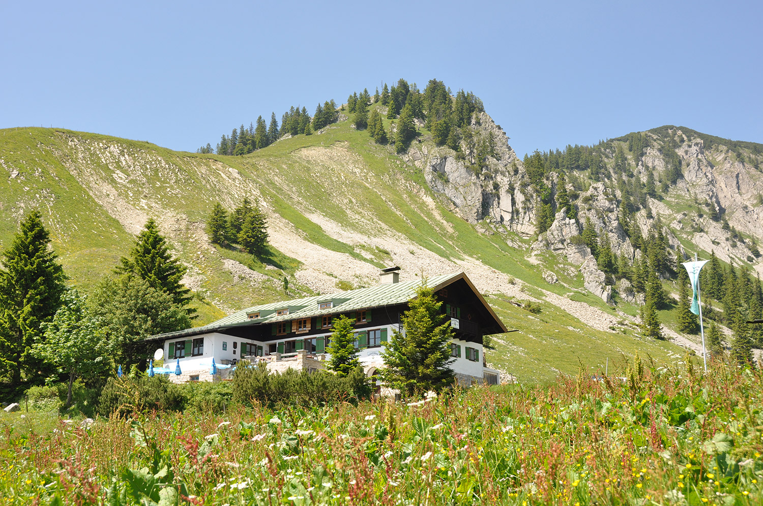 Bild Aufnahme der Schönfeldhütte in grüner Bergwiesenlandschaft. Im Hintergrund sieht man zwei Gipfel.