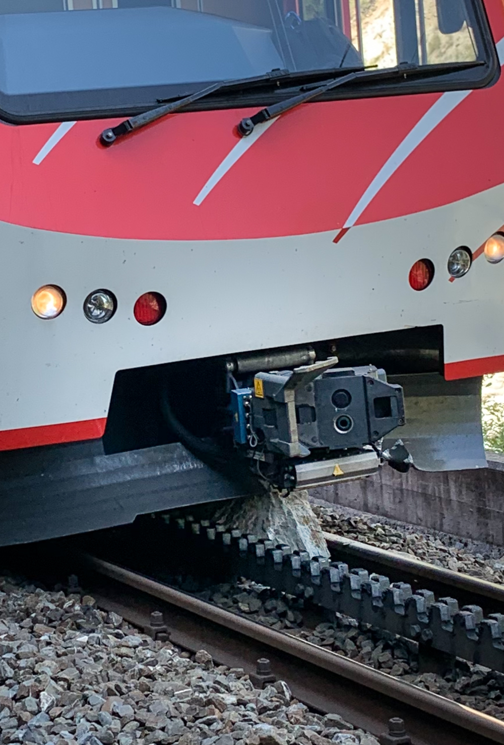 Bild Zahnradbahn, mit einem Felsen auf dem Gleis.