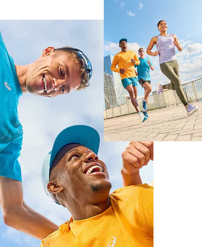 Collage von Läufer*innen in Asics Laufschuhen und Laufbekleidung