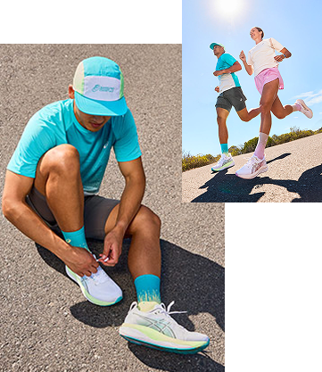 Collage von Läufer*innen in Asics Laufschuhen und Laufbekleidung