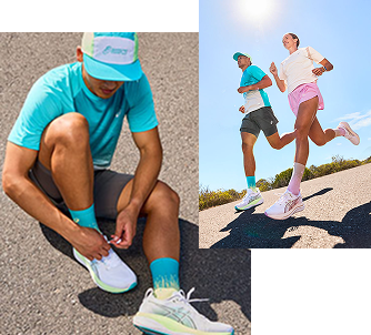 Collage von Läufer*innen in Asics Laufschuhen und Laufbekleidung