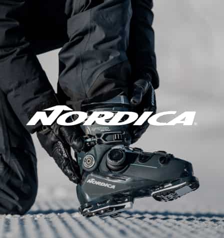 Nordica Logo und Nahaufnahme von Person mit Skischuh