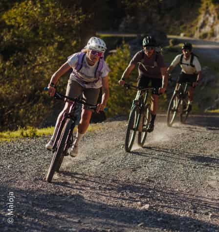 Gruppe Mountainbiker*innen auf einem Trail