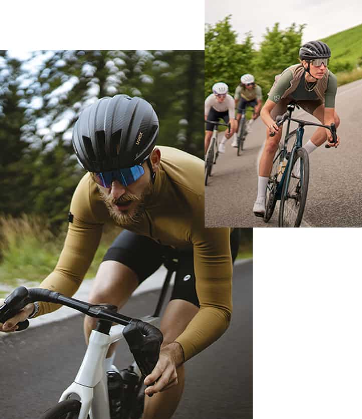 Collage von Radfahrer*innen mit uvex Helmen