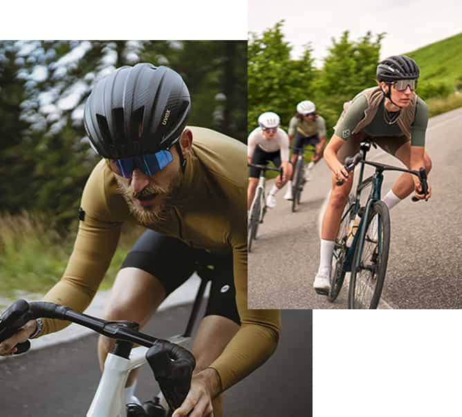 Collage von Radfahrer*innen mit uvex Helmen