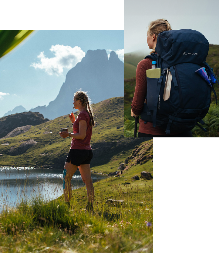 Collage von Personen mit Vaude Ausrüstung