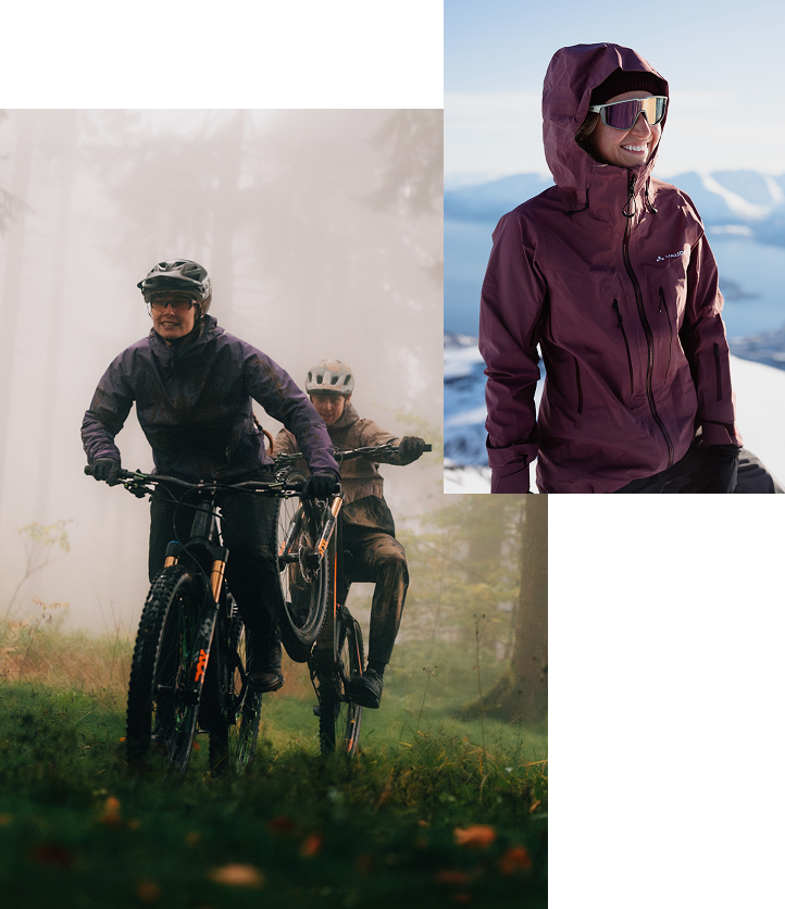 Collage von Personen mit Vaude Ausrüstung