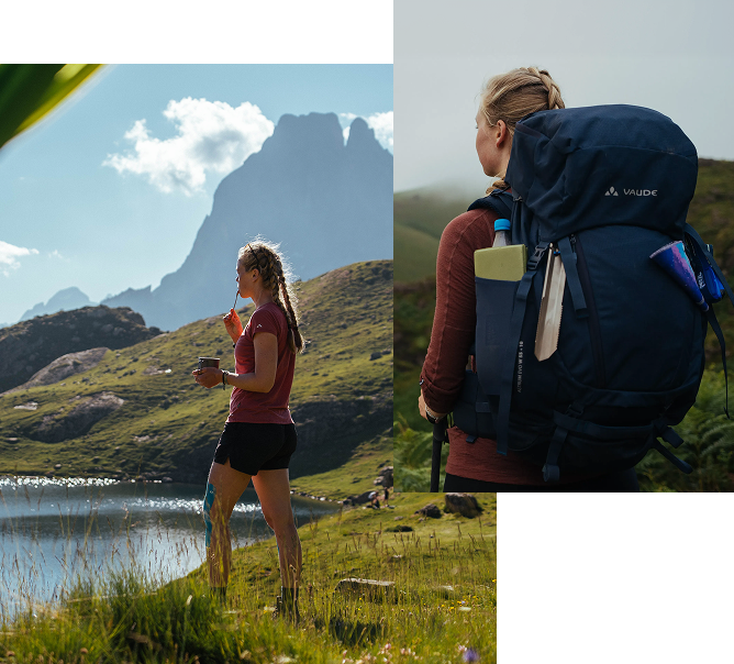 Collage von Personen mit Vaude Ausrüstung