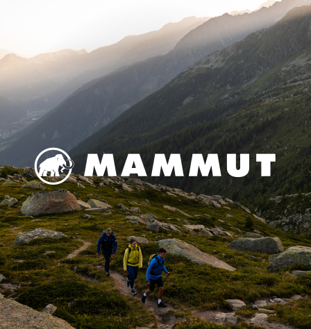 Personen beim Wandern und Mammut Logo