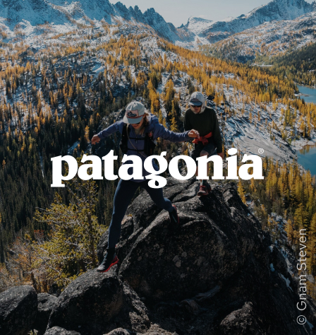 Personen in den Bergen und Patagonia Logo