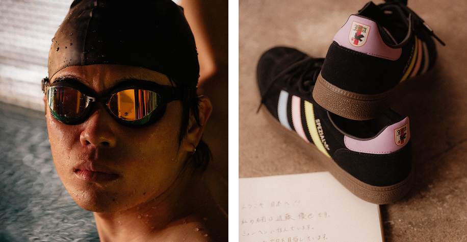 Schwimmer und Nahaufnahme auf Schuhe