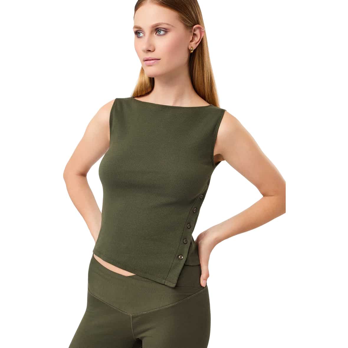Side Button  Damen Tanktop Dunkelgrün_LEAF | XS
