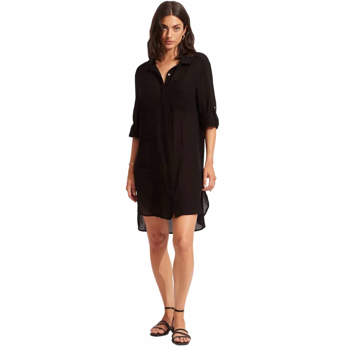 Crinkle Twill Beach Shirt Damen Bluse Schwarz_BLACK | M