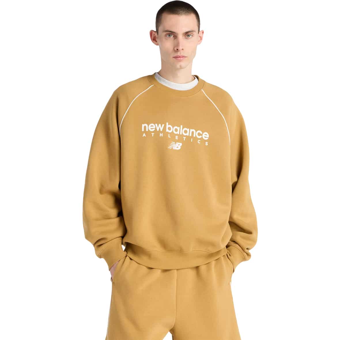 New Balance Linear Heritage Fleece Crew Herren Sweatshirt ( Hellbraun L)