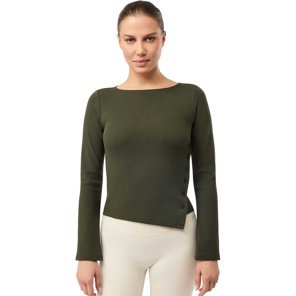 Side Button Longsleeve Damen Leggings Dunkelgrün_LEAF | M